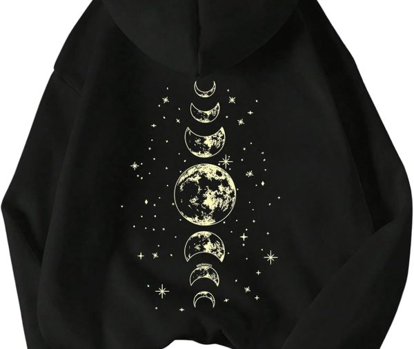 Women's Graphic Hoodies Drawstring Long Sleeve Moon Print Sweatshirt Pullover Fall Tops