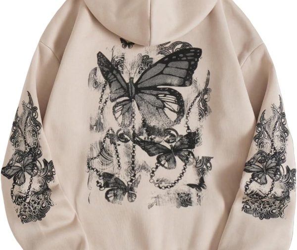 Women's Graphic Hoodies Butterfly Print Long Sleeve Drawstring Pocket Sweatshirt Pullover Tops