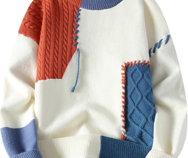 Patchwork Sweater Men Colorblock Jumper Cable Knitted Pullover