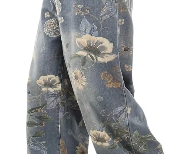 Baggy Jeans Men Flower Print Graphic Jeans Harajuku Wide Leg Boyfriend Denim Pants Streetwear