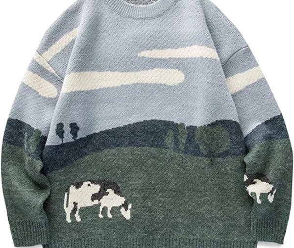 Men Vintage Sweater Grandpa   Casual Cable Knit Sweater Pullover Graphic Crewneck Tops