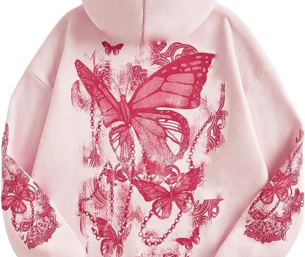 Women's Graphic Hoodies Butterfly Print Long Sleeve Drawstring Pocket Sweatshirt Pullover Tops