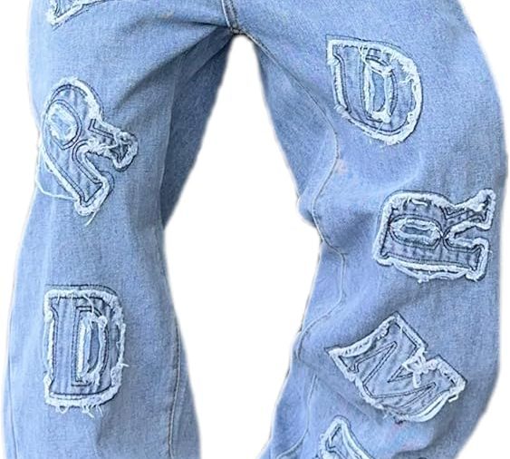 Mens Women Baggy Jeans Patched Letter Badge Wide Leg Denim Pants  Hip Hop Casual Loose Trousers