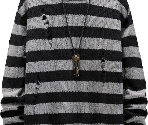 Men Distressed Contrast Binding Round Neck Sweater Striped Long Sleeve Knit Top