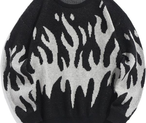 Men Crewneck  Sweaters  Aesthetic Flame Graphic Knitted Sweater Casual Pullover Long Sleeve Jumpers