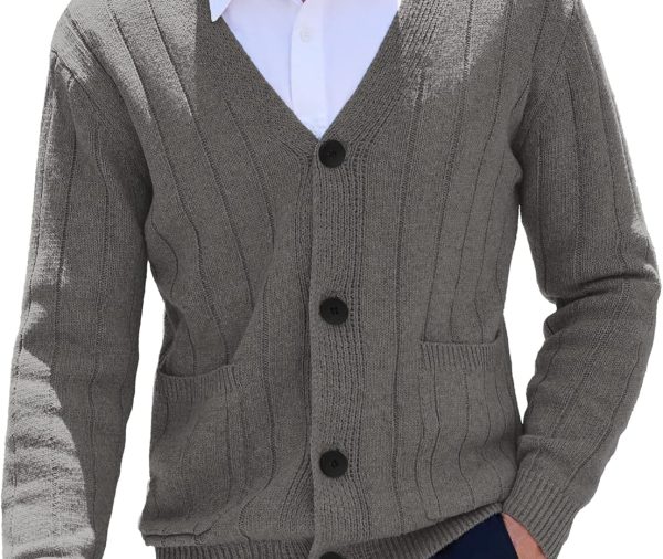Men Cardigan Sweater Cable Knit V Neck Button up Sweaters Ribbed Cardigan Sweater with Pockets