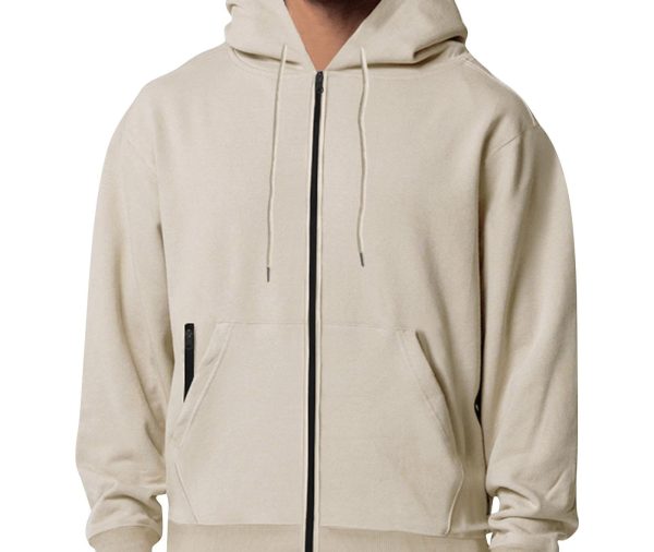 Cotton Zip Up Hoodie for Men Fall Winter Casual Jacket with Hood Pockets Solid Color Sports Sweatshirt Coat (L, Khaki)