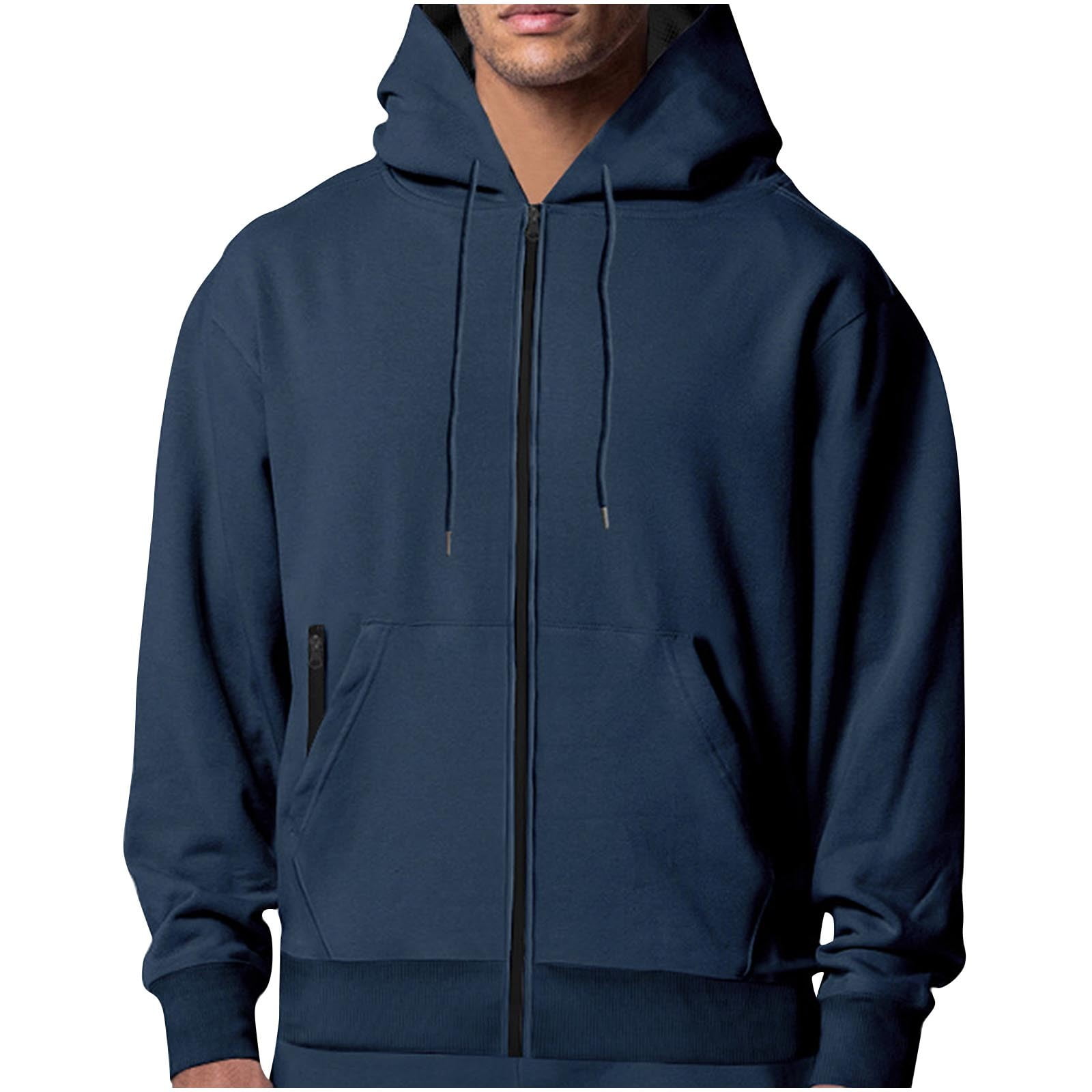 Cotton Zip Up Hoodie for Men Fall Winter Casual Jacket with Hood Pockets Solid Color Sports Sweatshirt Coat (L, Navy)