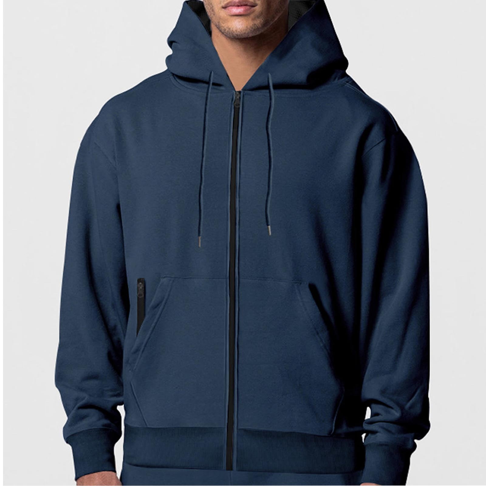 Cotton Zip Up Hoodie for Men Fall Winter Casual Jacket with Hood Pockets Solid Color Sports Sweatshirt Coat (L, Navy) - Image 2